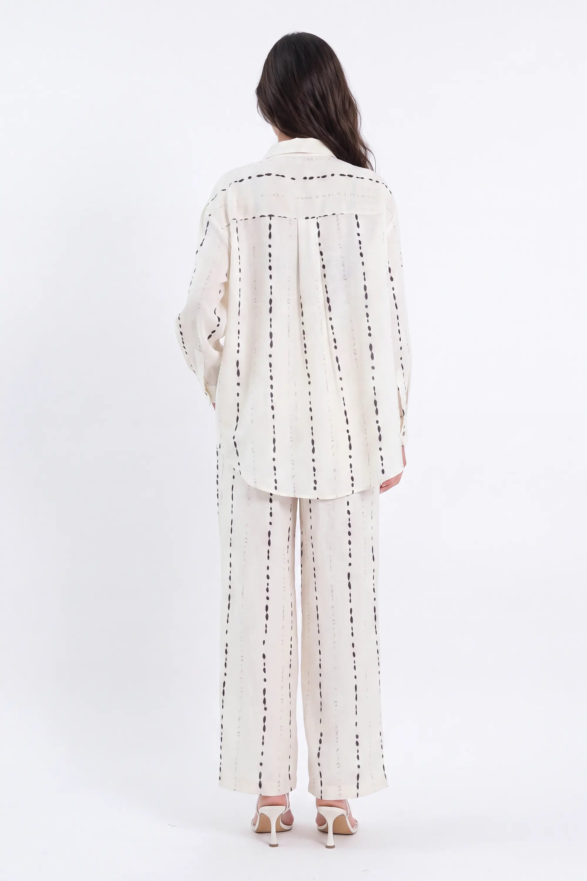 Cream Polyester Wide-Leg Pants with Black Dot Stripes on model, back view – Elppis 3B5I07511WW