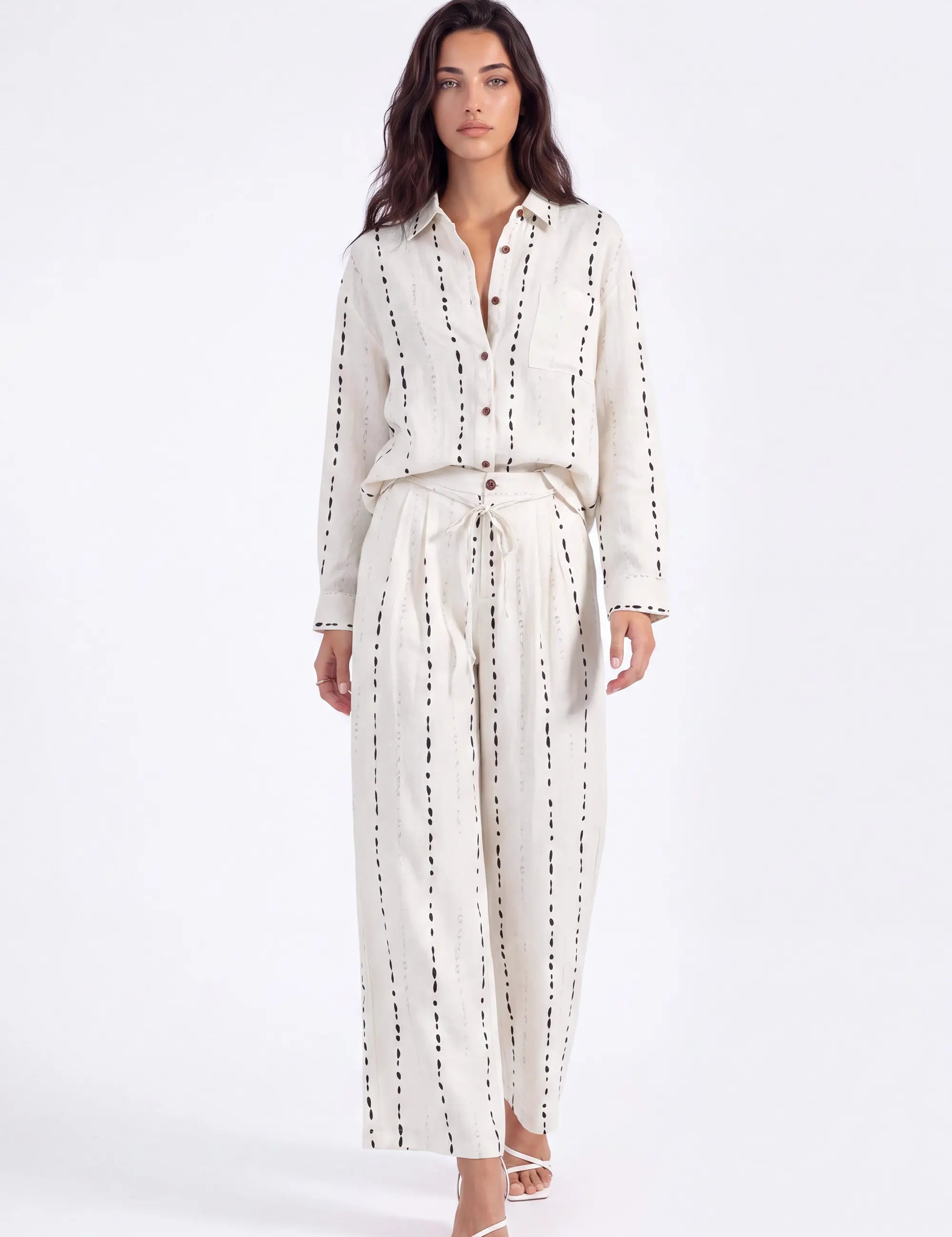 Cream Polyester Wide-Leg Pants with Black Dot Stripes on model, front view – Elppis 3B5I07511WW