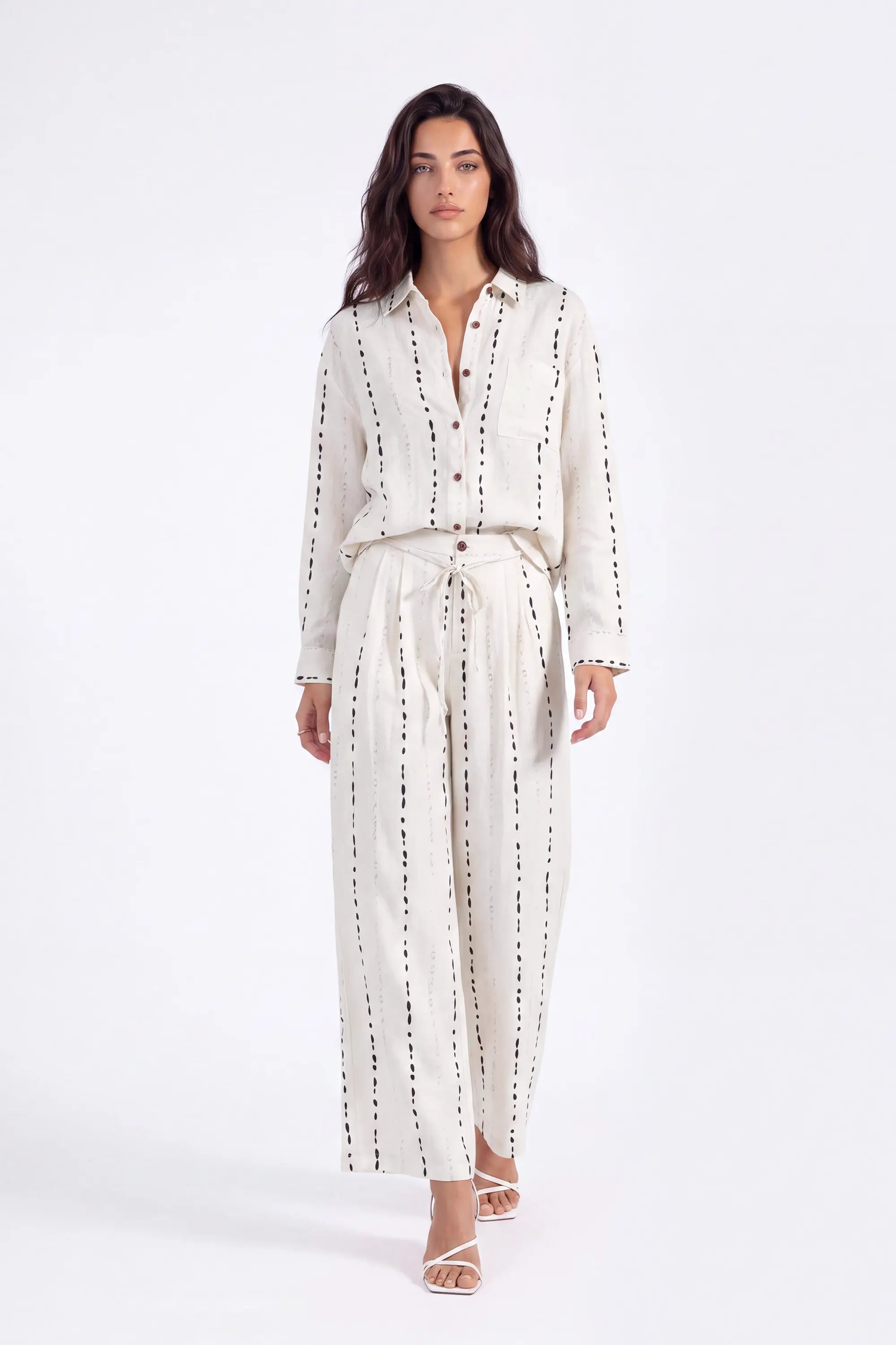 Cream Polyester Wide-Leg Pants with Black Dot Stripes on model, front view – Elppis 3B5I07511WW