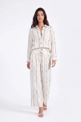 Cream Polyester Wide-Leg Pants with Black Dot Stripes
