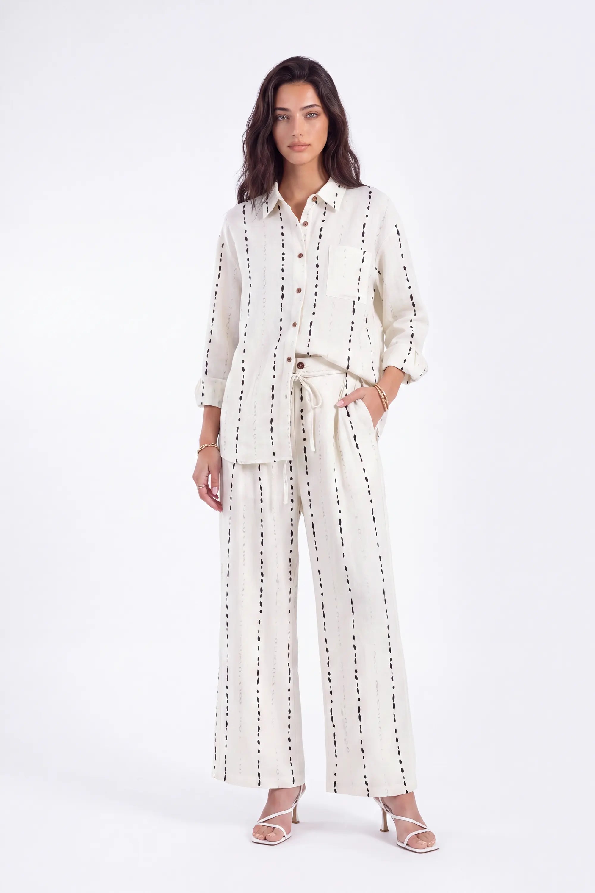 Cream Polyester Wide-Leg Pants with Black Dot Stripes on model, studio view 2 – Elppis 3B5I07511WW