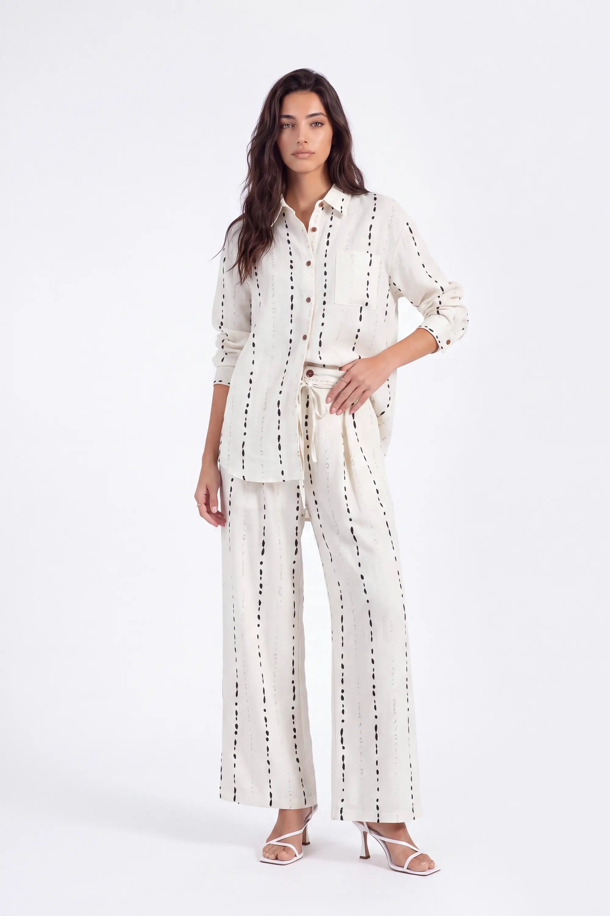Cream Polyester Wide-Leg Pants with Black Dot Stripes on model, studio view 3 – Elppis 3B5I07511WW