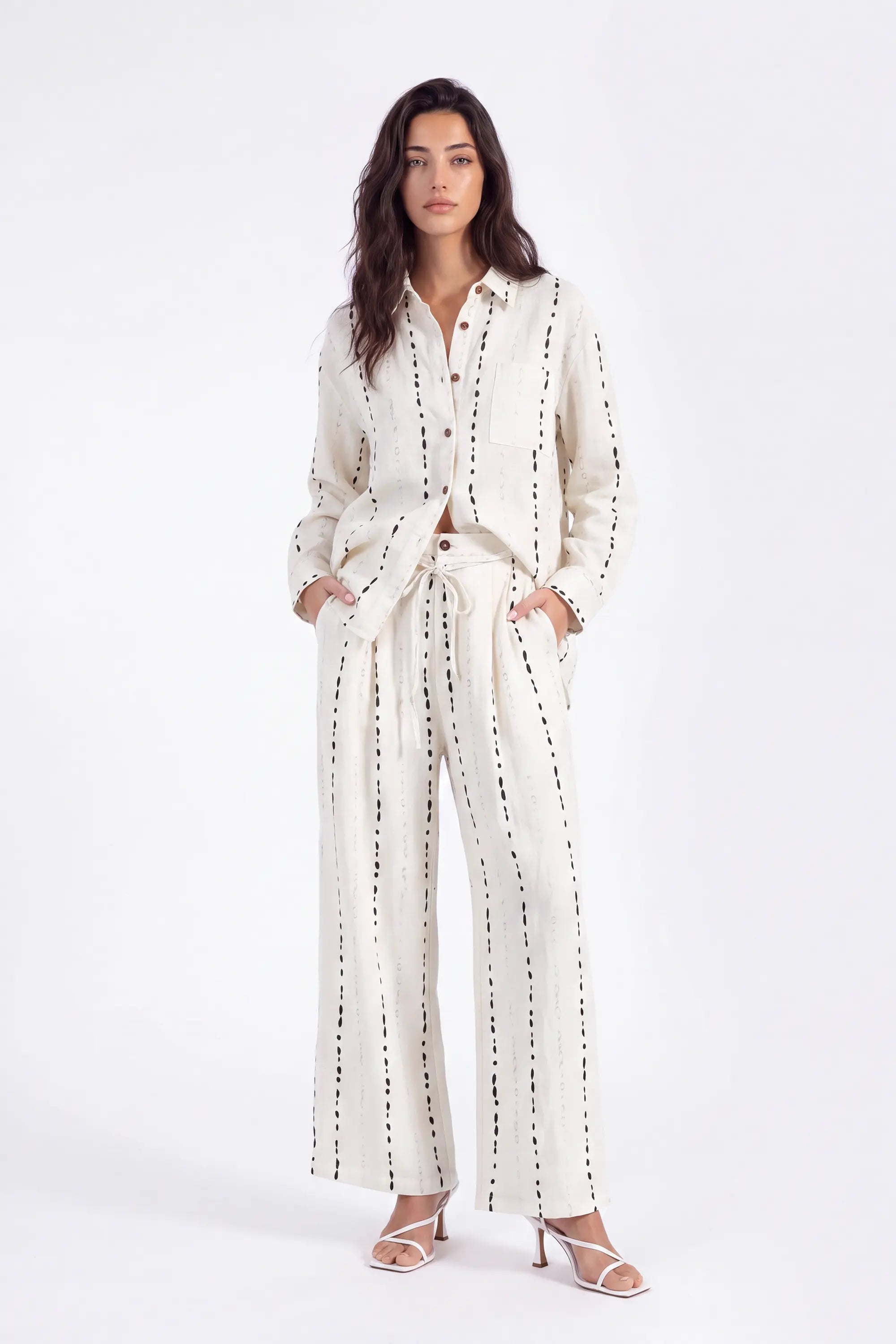 Cream Polyester Wide-Leg Pants with Black Dot Stripes on model, studio view 4 – Elppis 3B5I07511WW