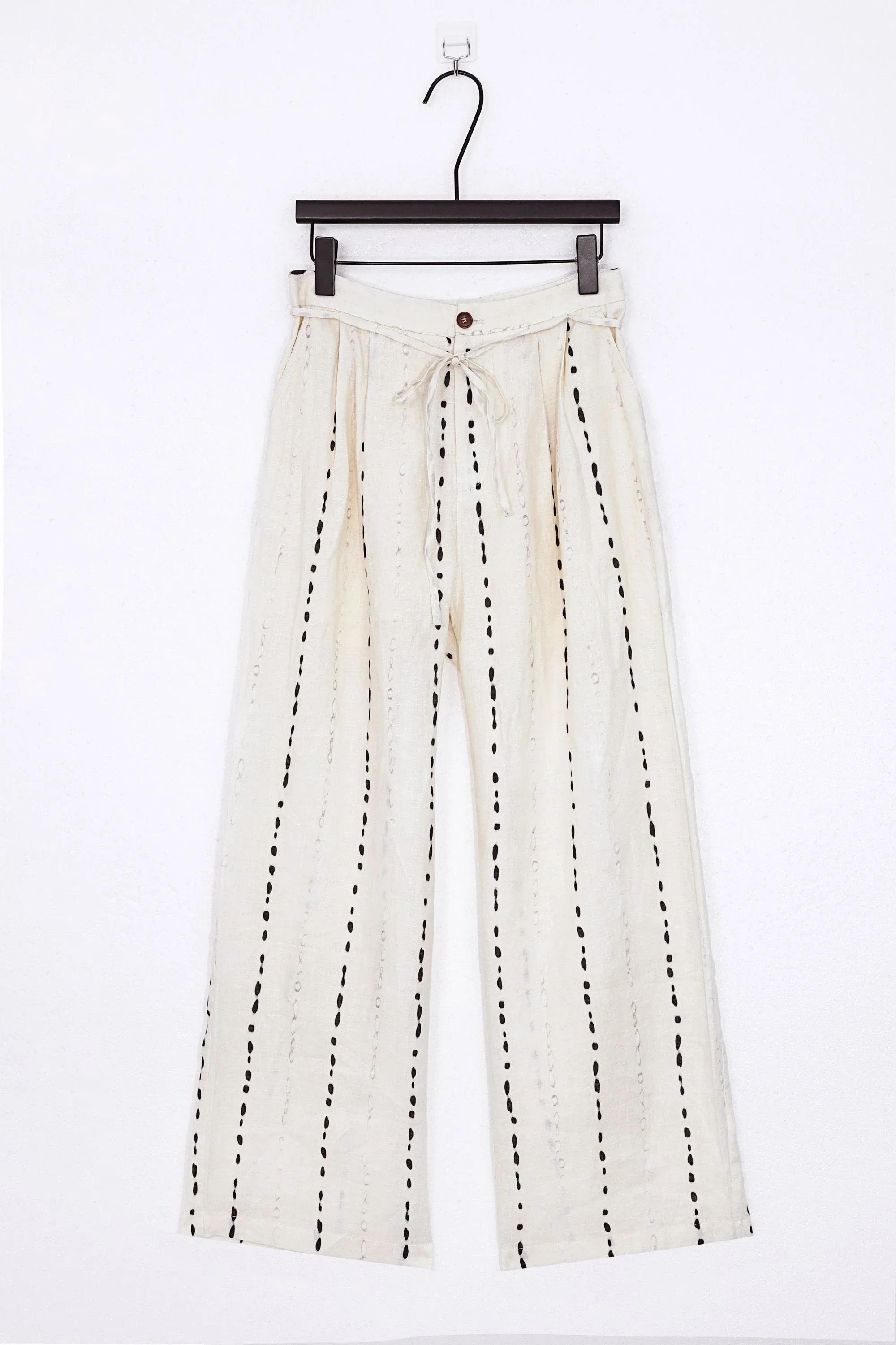 Cream Polyester Wide-Leg Pants with Black Dot Stripes product view – Elppis 3B5I07511WW