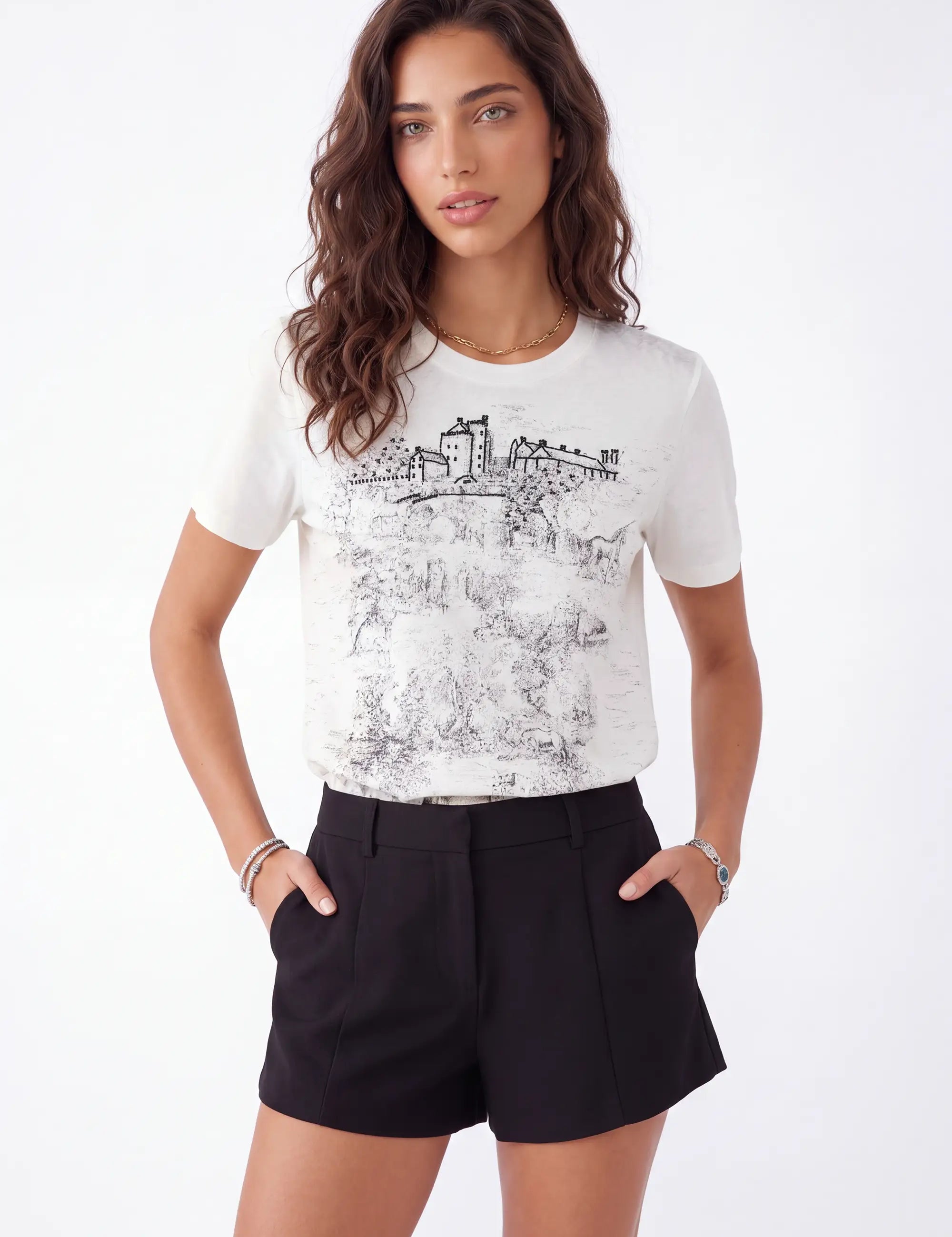 White Oversized T-Shirt with Black Architectural Sketch Print on model, front view – Elppis 3B5S05570WW