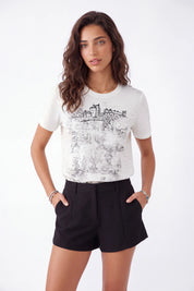 White Oversized T-Shirt with Black Architectural Sketch Print on model, front view – Elppis 3B5S05570WW