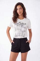 White Oversized T-Shirt with Black Architectural Sketch Print