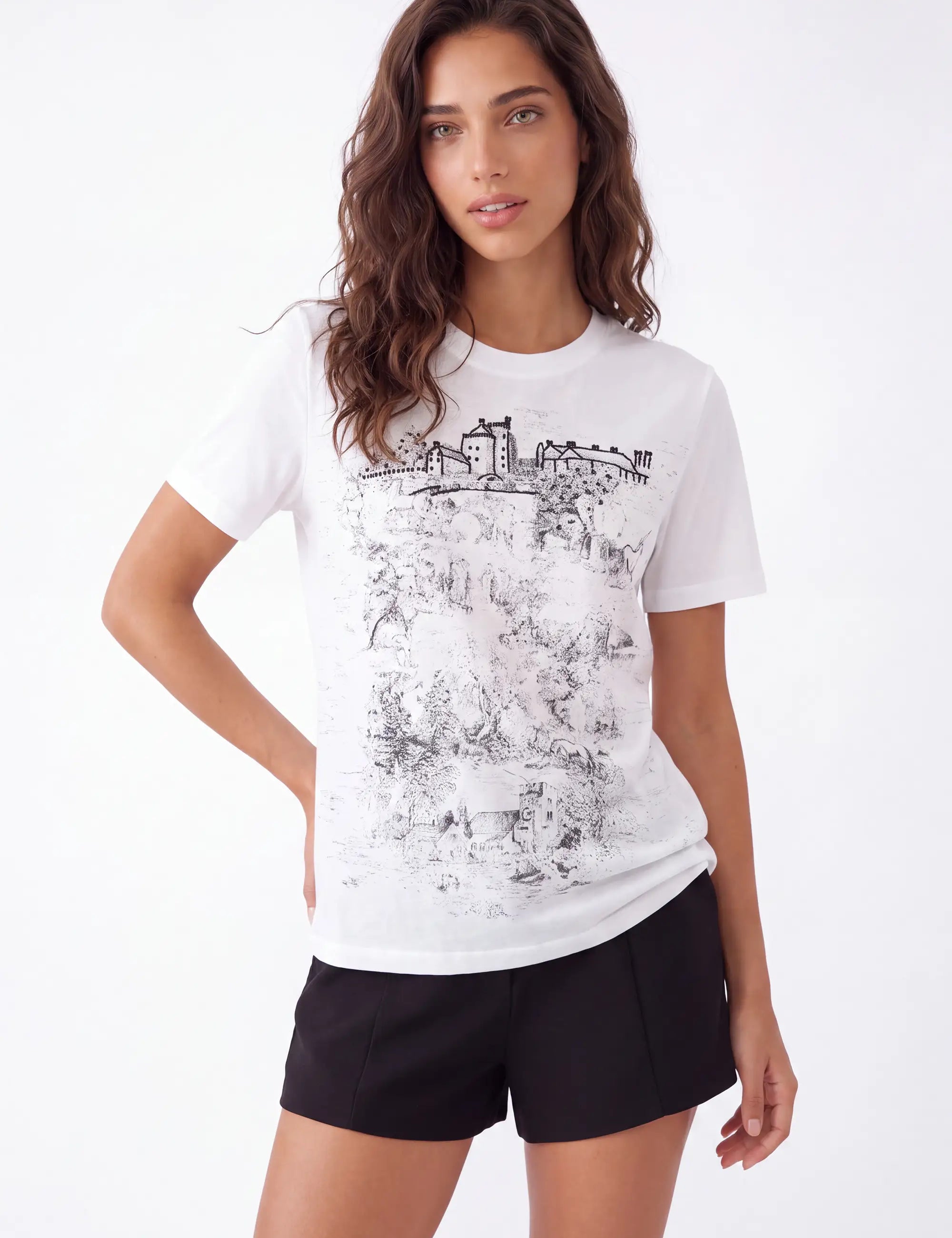 White Oversized T-Shirt with Black Architectural Sketch Print on model, studio view 2 – Elppis 3B5S05570WW