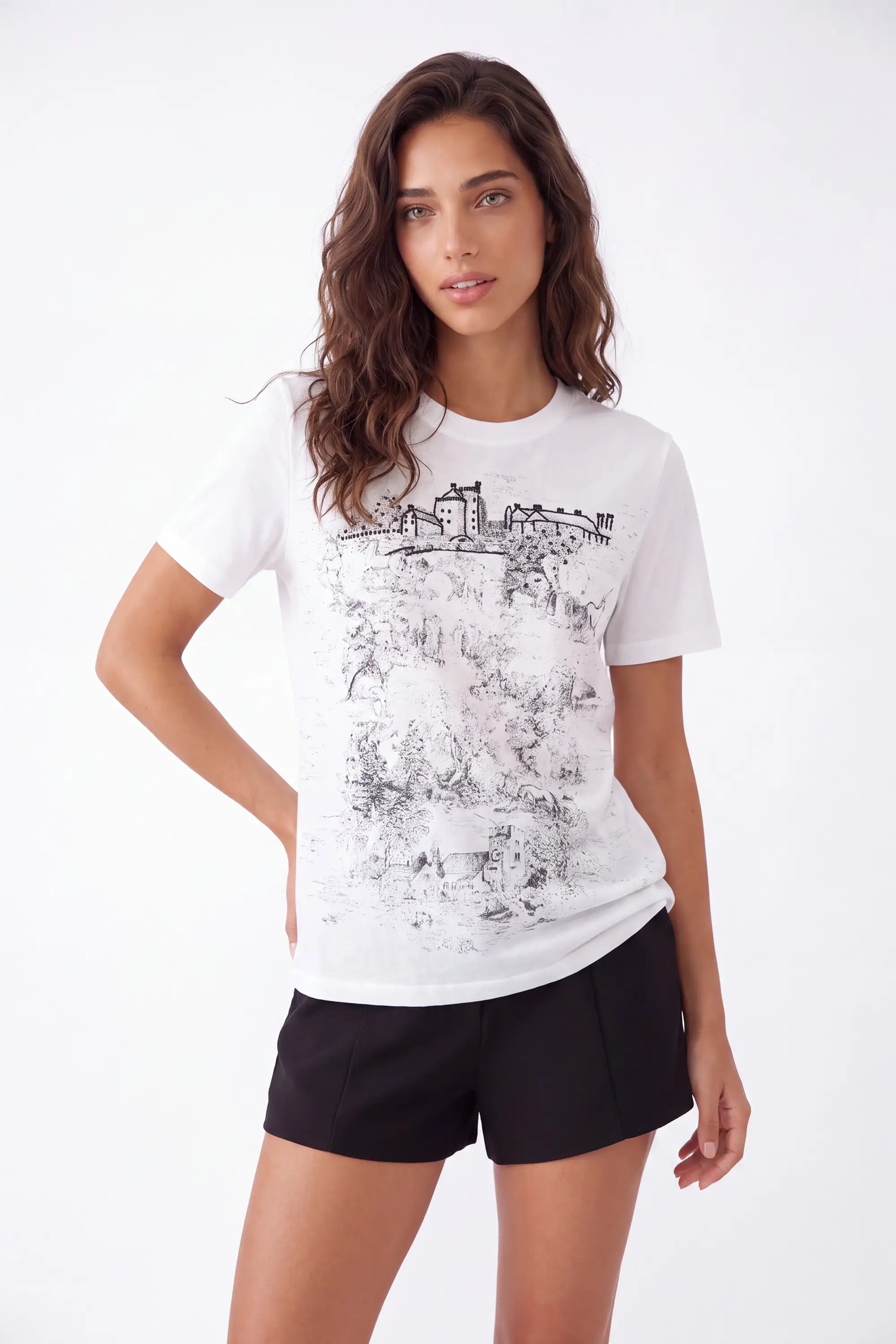 White Oversized T-Shirt with Black Architectural Sketch Print on model, studio view 2 – Elppis 3B5S05570WW