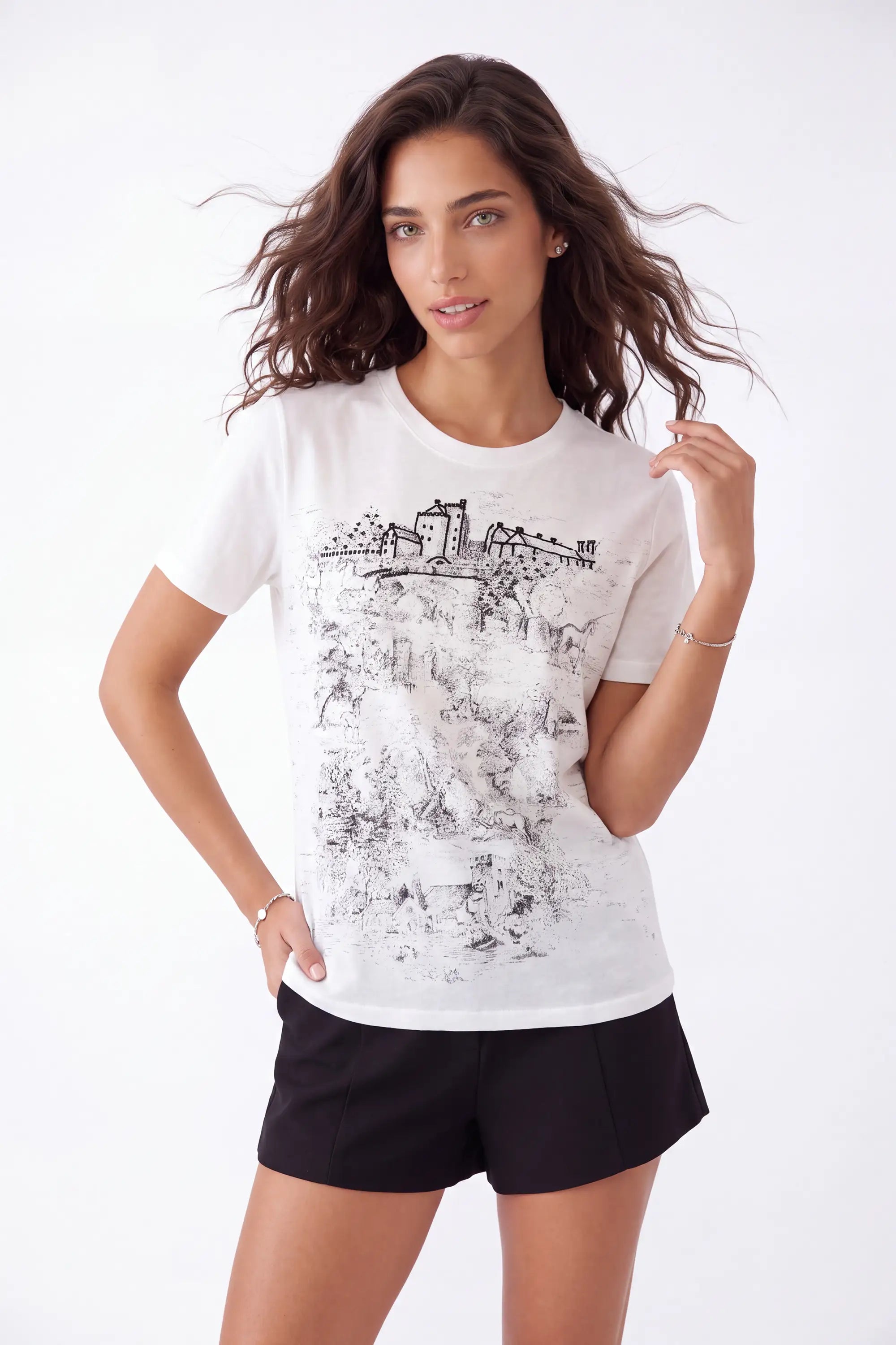 White Oversized T-Shirt with Black Architectural Sketch Print on model, studio view 3 – Elppis 3B5S05570WW