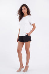 White Crew Neck T-Shirt with Lace-Trimmed Sleeves and Cutout Pocket