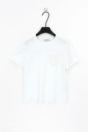 White Crew Neck T-Shirt with Lace-Trimmed Sleeves and Cutout Pocket product detail 1 – Elppis 3B5S05589WW