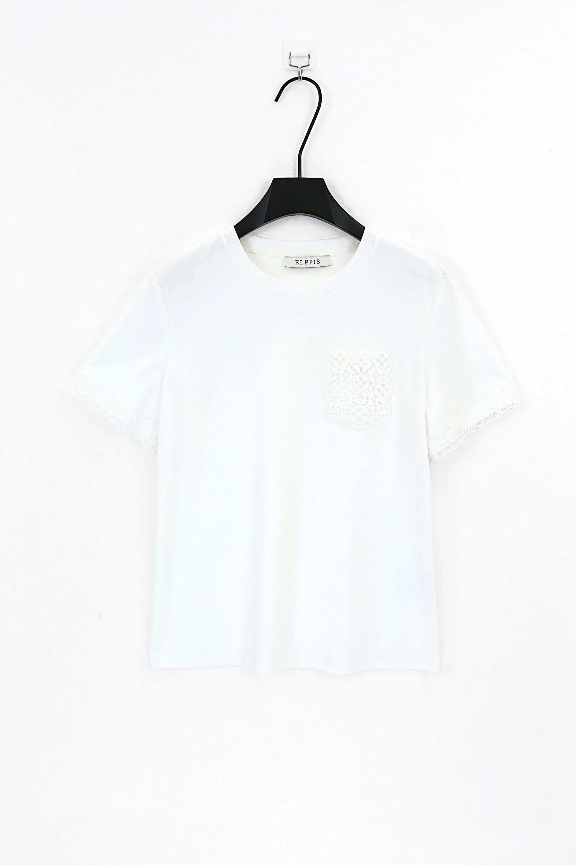 White Crew Neck T-Shirt with Lace-Trimmed Sleeves and Cutout Pocket product detail 1 – Elppis 3B5S05589WW