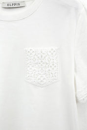 White Crew Neck T-Shirt with Lace-Trimmed Sleeves and Cutout Pocket product detail 2 – Elppis 3B5S05589WW
