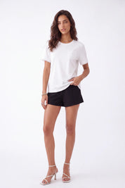 White Crew Neck T-Shirt with Lace-Trimmed Sleeves and Cutout Pocket on model, studio view 2 – Elppis 3B5S05589WW
