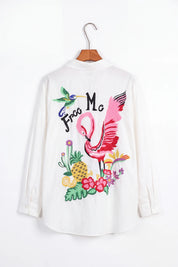 White Oversized Shirt with Free Me Hummingbird and Flamingo Tropical Embroidery product detail 1 – Elppis 3J5F01718BT