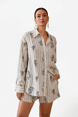 Natural Linen-Blend Pinstripe Shorts with Black Floral Print