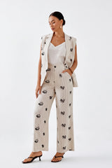 Natural Linen-Blend Pinstripe Wide-Leg Trousers with Black Floral Print