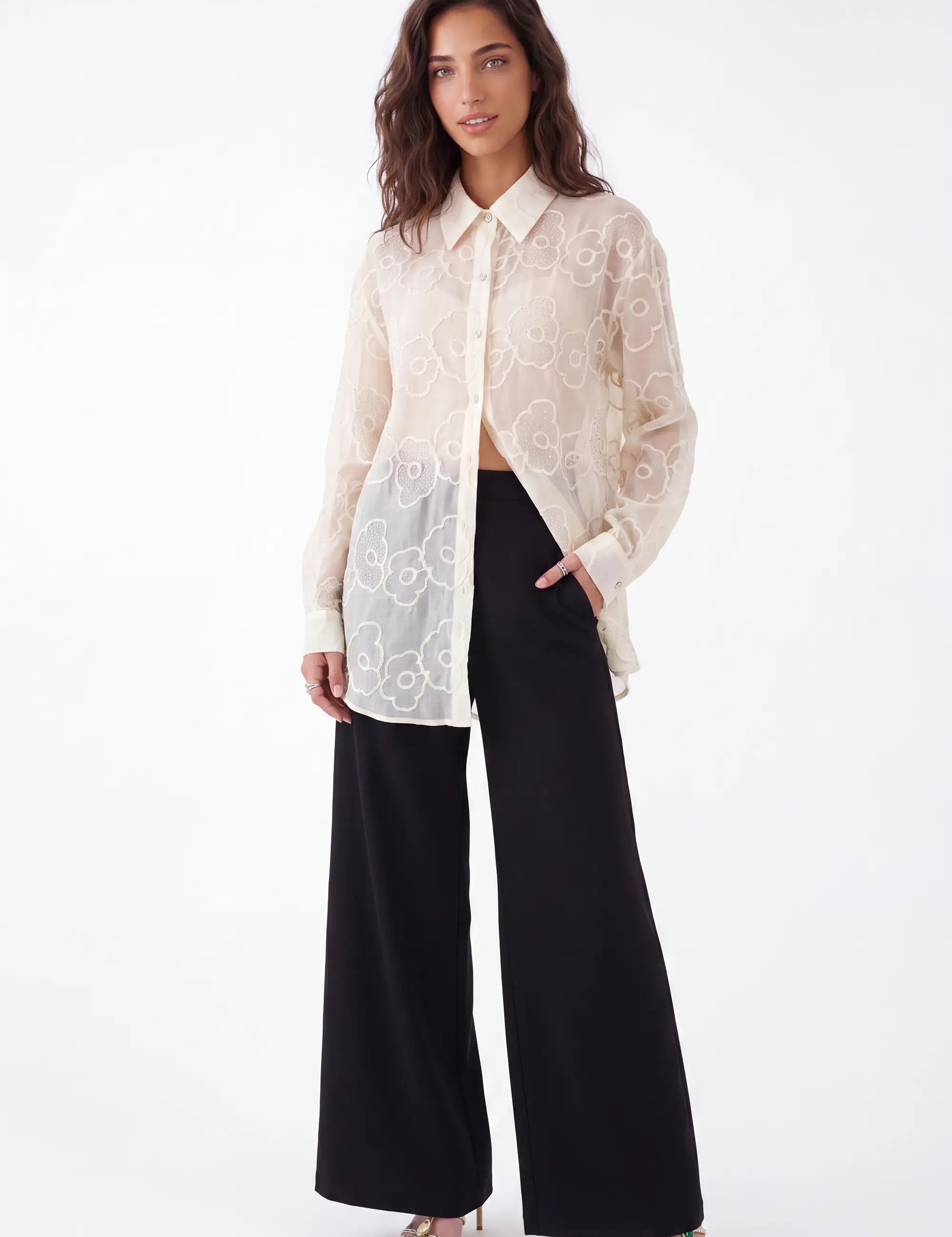 Cream Sheer Blouse with 3D Flower Embroidery and Classic Collar on model, front view – Elppis B4F4352WW-1-BY