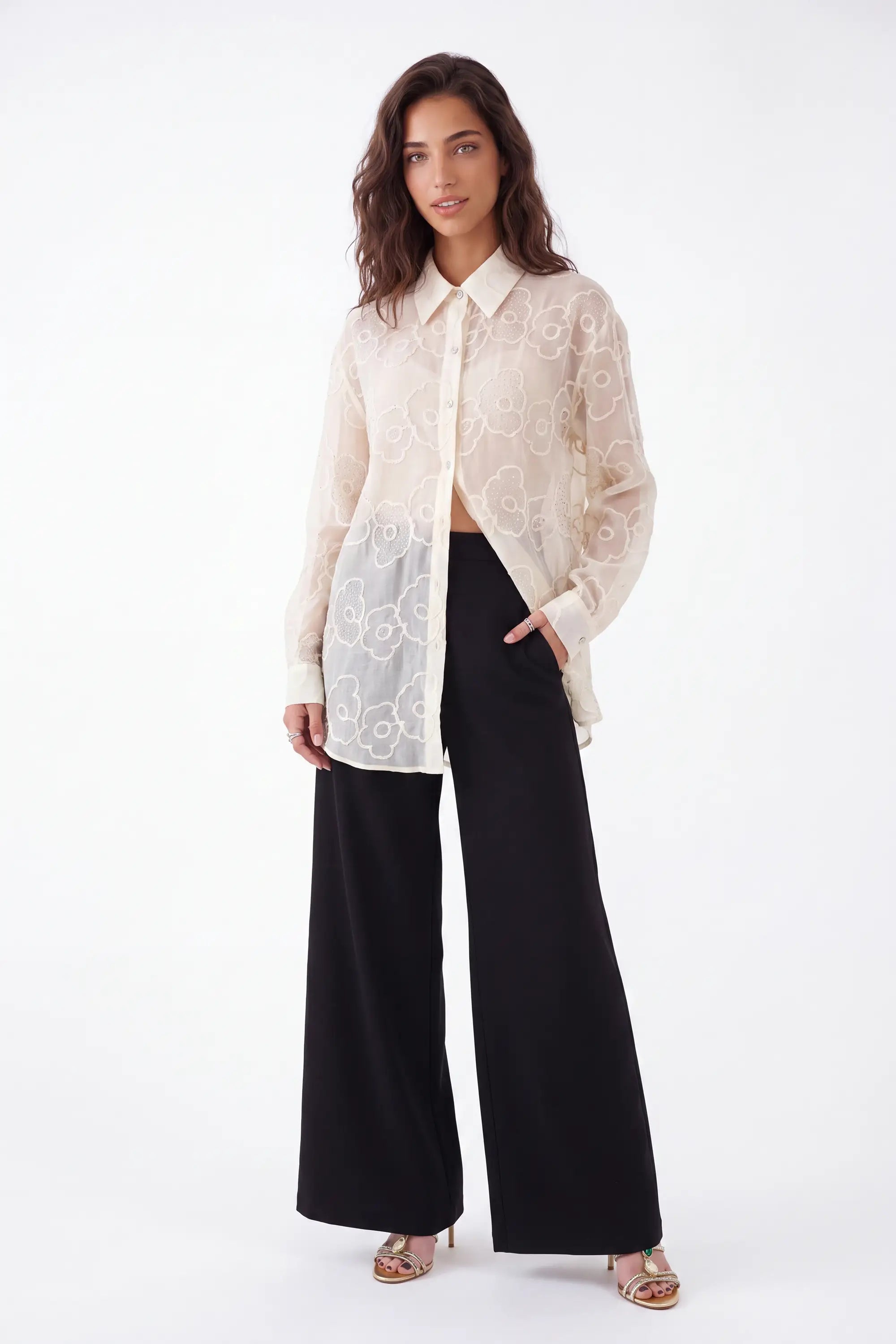 Cream Sheer Blouse with 3D Flower Embroidery and Classic Collar on model, front view – Elppis B4F4352WW-1-BY
