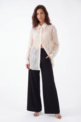 Cream Sheer Blouse with 3D Flower Embroidery and Classic Collar