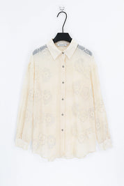 Cream Sheer Blouse with 3D Flower Embroidery and Classic Collar product detail 1 – Elppis B4F4352WW-1-BY