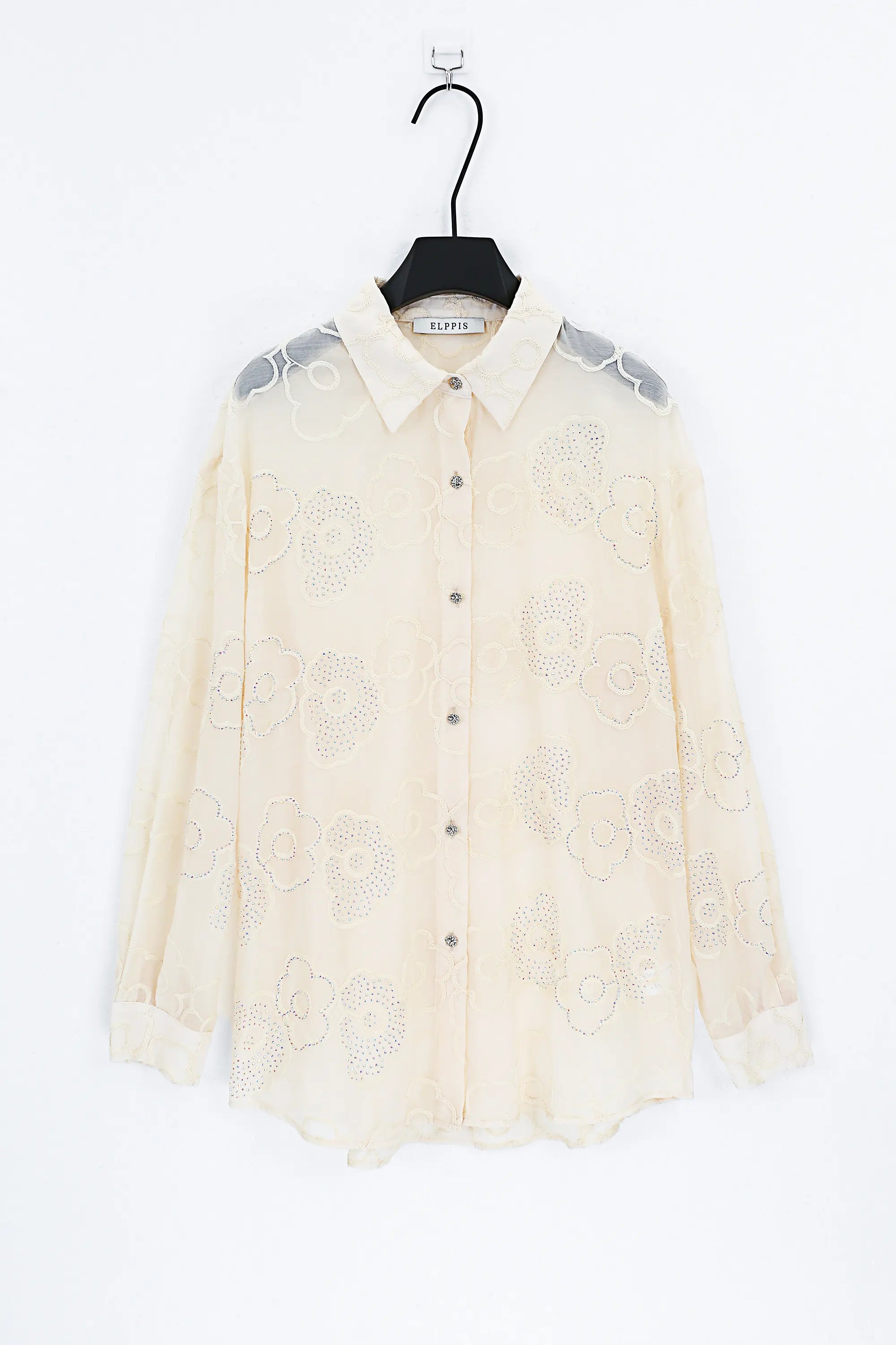 Cream Sheer Blouse with 3D Flower Embroidery and Classic Collar product detail 1 – Elppis B4F4352WW-1-BY