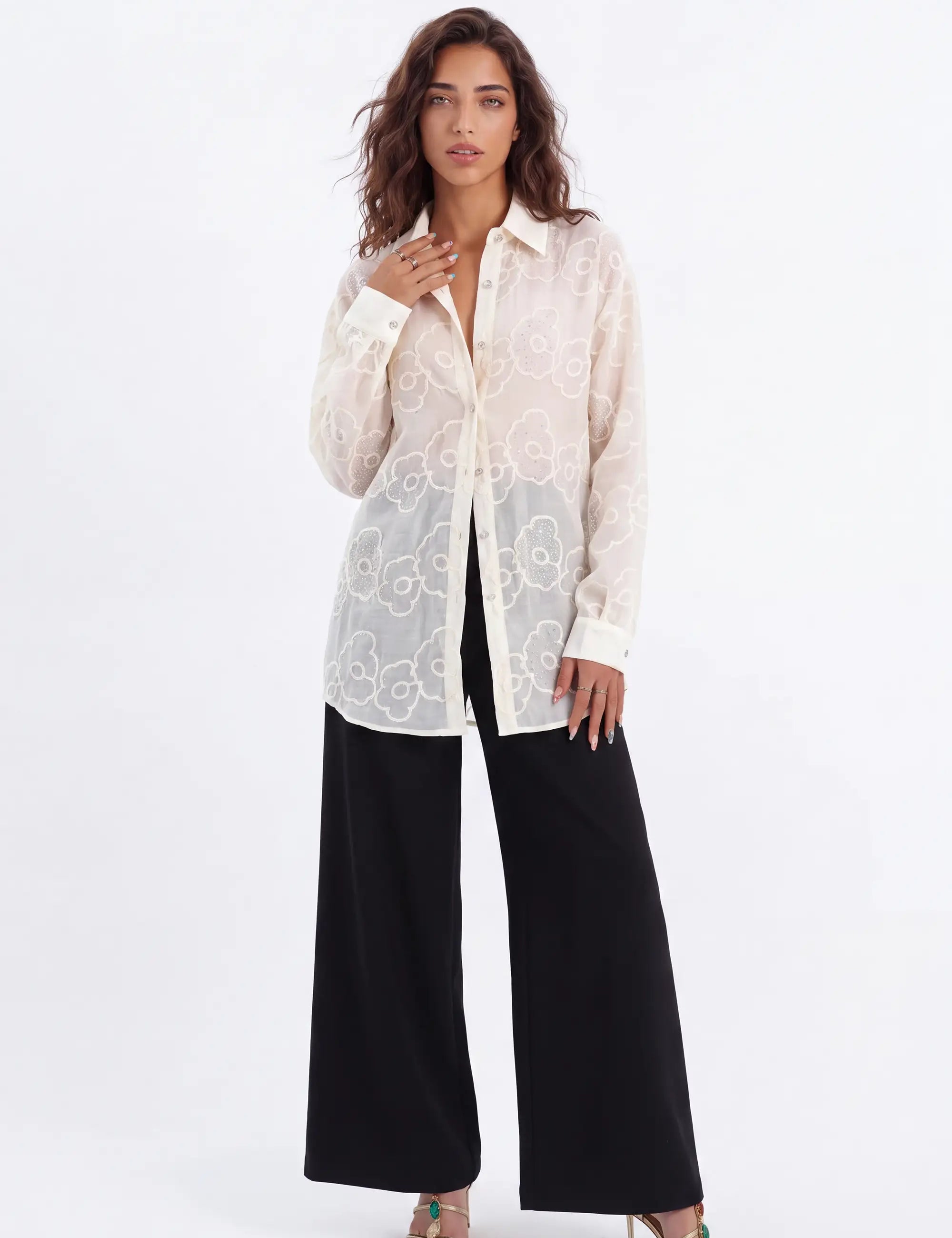 Cream Sheer Blouse with 3D Flower Embroidery and Classic Collar on model, studio view 2 – Elppis B4F4352WW-1-BY