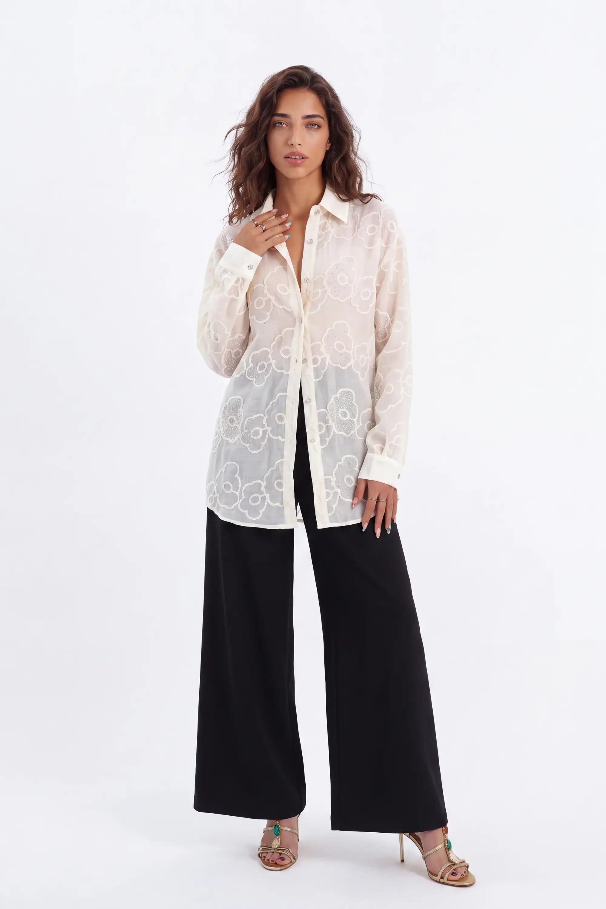 Cream Sheer Blouse with 3D Flower Embroidery and Classic Collar on model, studio view 2 – Elppis B4F4352WW-1-BY
