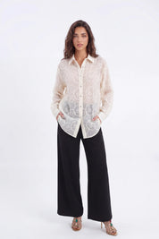 Cream Sheer Blouse with 3D Flower Embroidery and Classic Collar on model, studio view 3 – Elppis B4F4352WW-1-BY