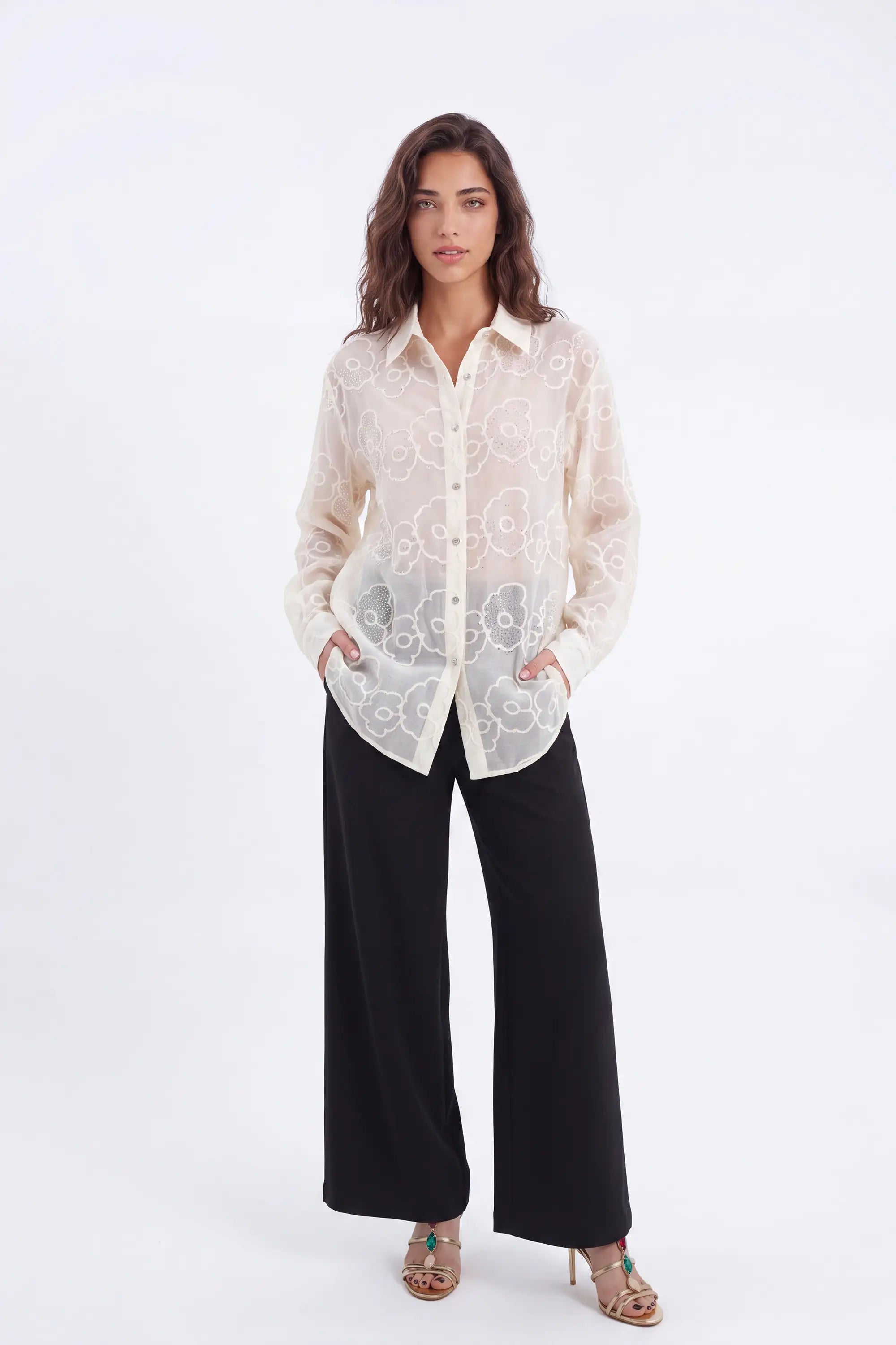 Cream Sheer Blouse with 3D Flower Embroidery and Classic Collar on model, studio view 3 – Elppis B4F4352WW-1-BY