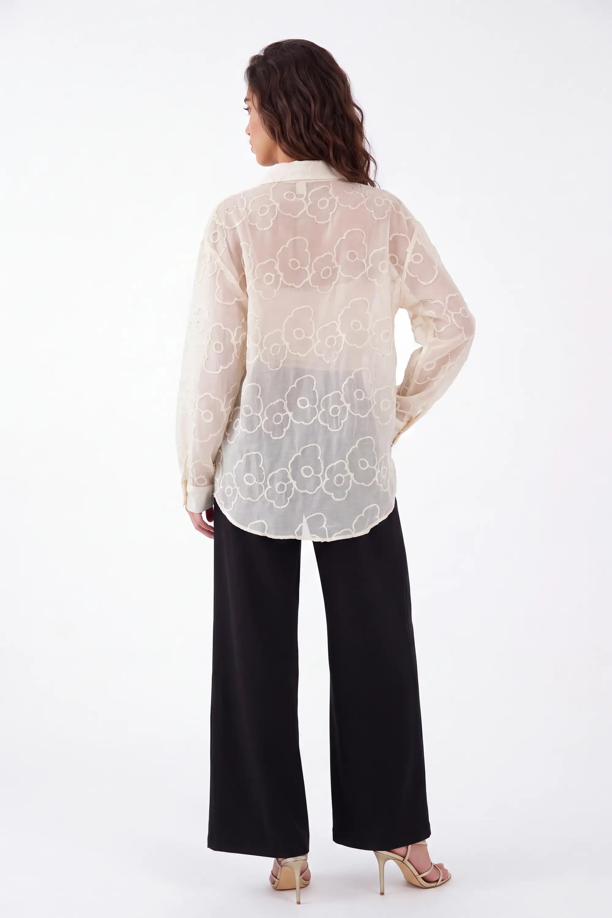 Cream Sheer Blouse with 3D Flower Embroidery and Classic Collar on model, studio view 4 – Elppis B4F4352WW-1-BY