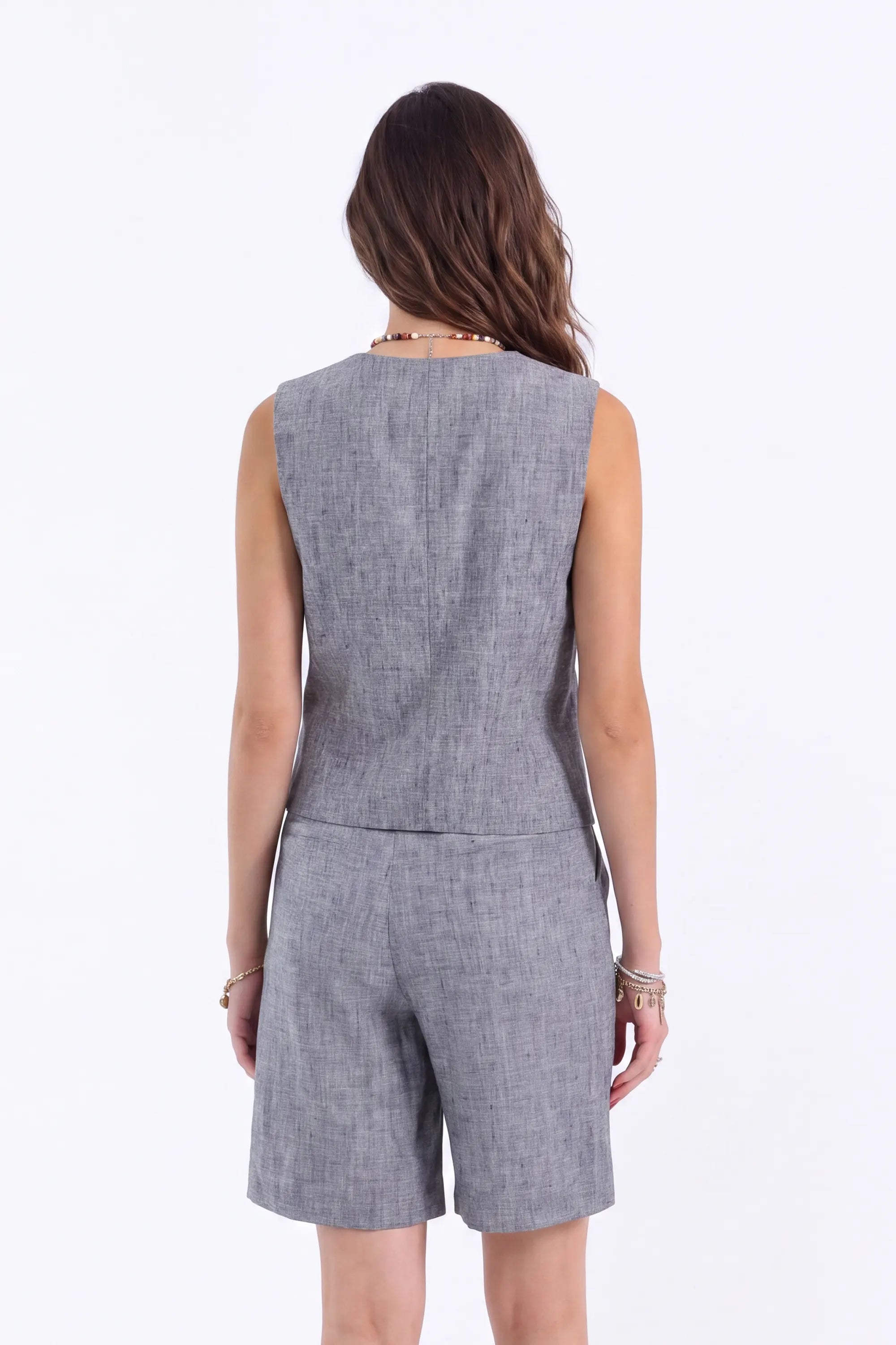 Grey Ramie-Cotton Blend Tailored Shorts on model, back view – Elppis B4H3591WW