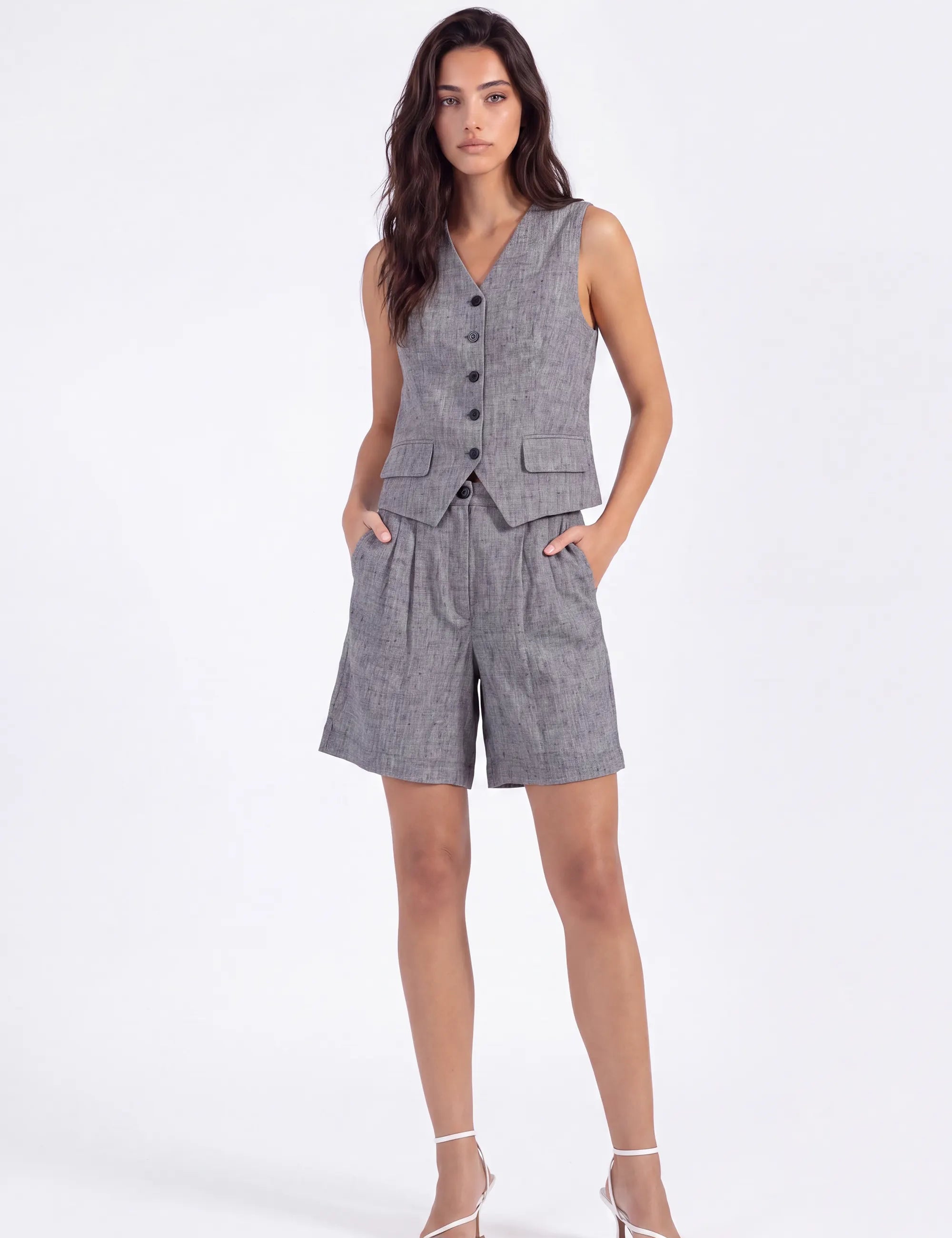 Grey Ramie-Cotton Blend Tailored Shorts on model, front view – Elppis B4H3591WW