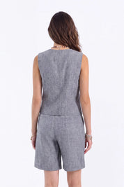 Grey Ramie-Cotton Blend Sleeveless Button-Front Vest on model, back view – Elppis B4W3633WW