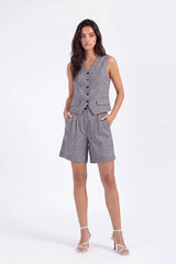 Grey Ramie-Cotton Blend Sleeveless Button-Front Vest