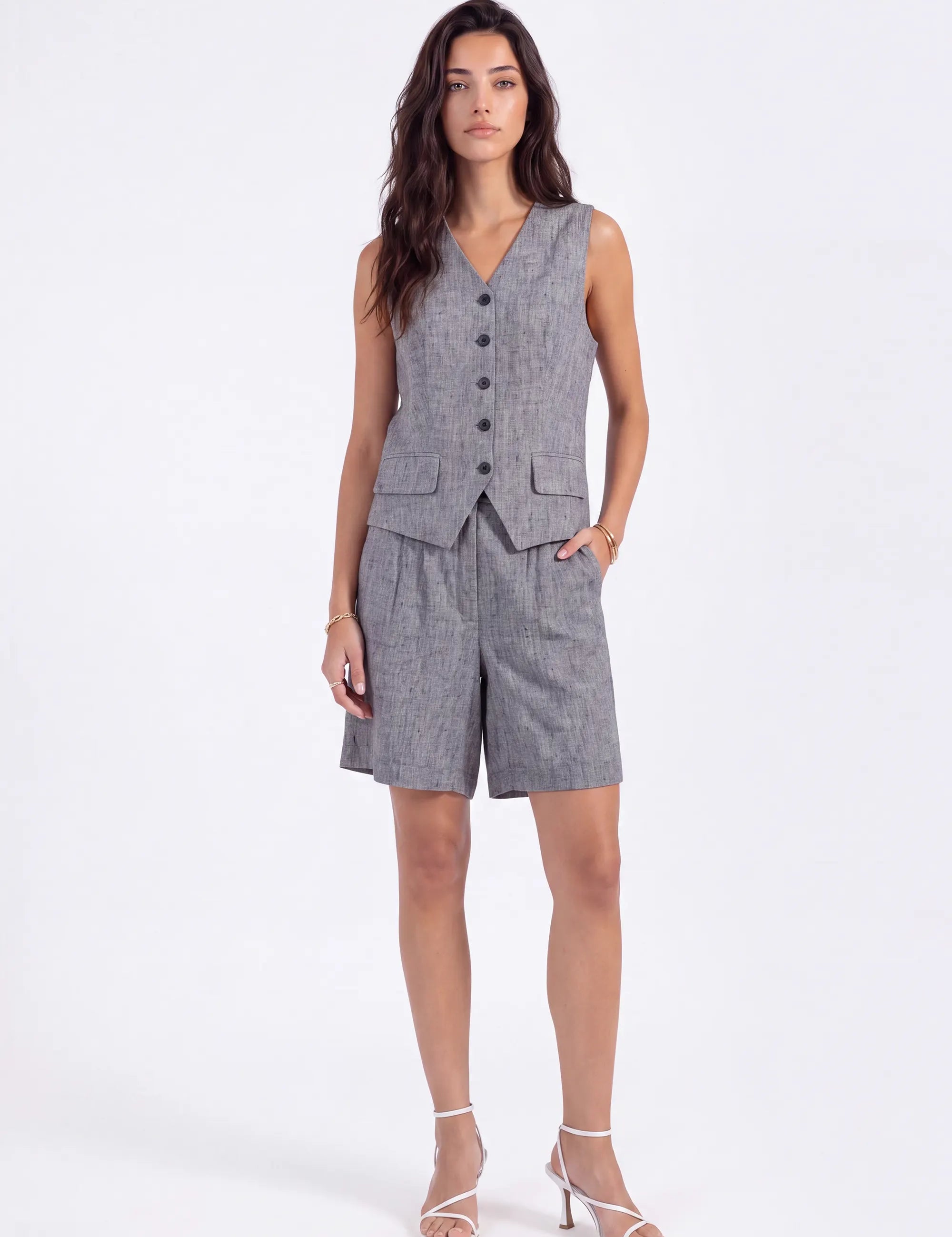 Grey Ramie-Cotton Blend Sleeveless Button-Front Vest on model, studio view 2 – Elppis B4W3633WW