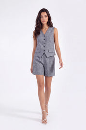 Grey Ramie-Cotton Blend Sleeveless Button-Front Vest on model, studio view 3 – Elppis B4W3633WW