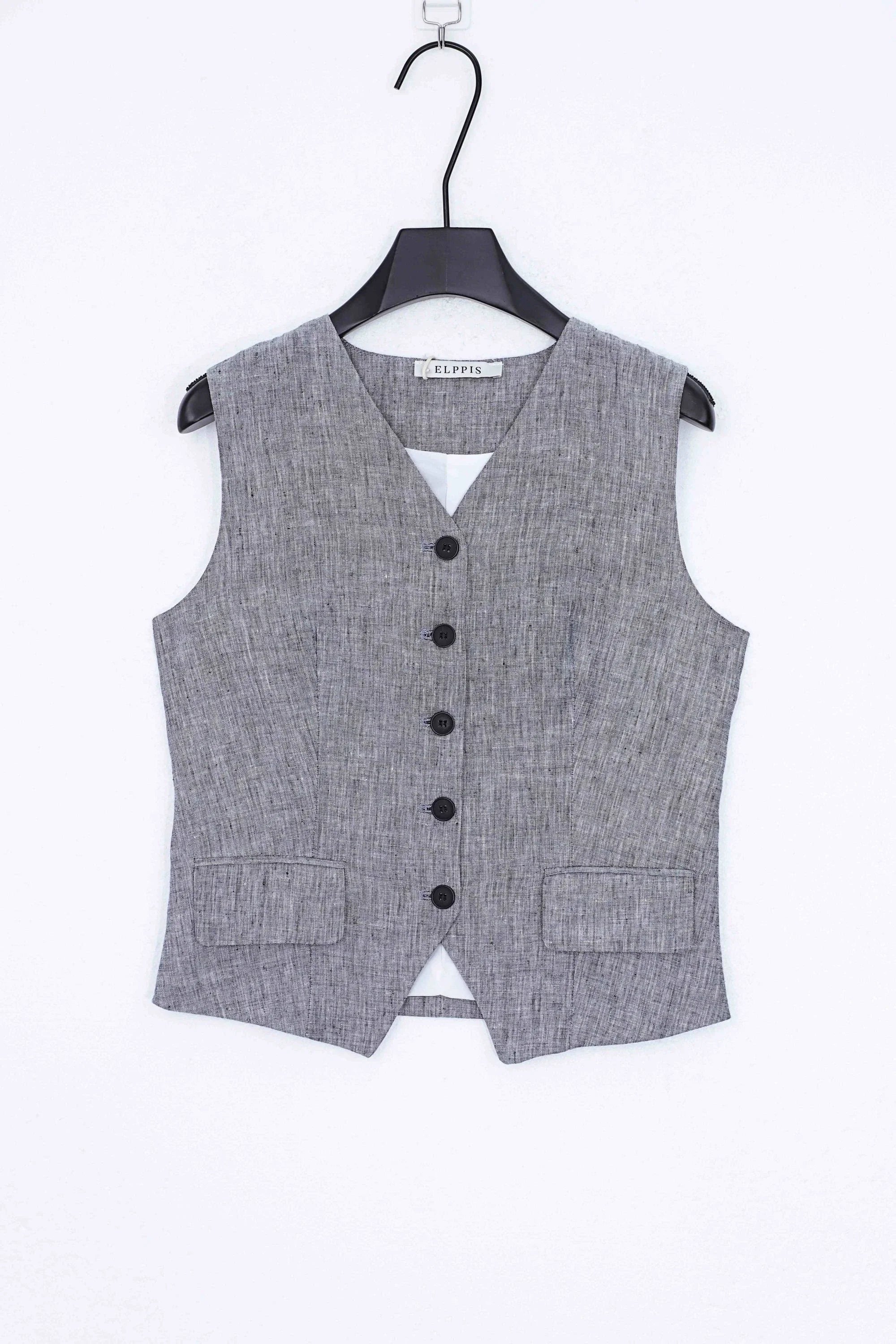 Grey Ramie-Cotton Blend Sleeveless Button-Front Vest product view – Elppis B4W3633WW