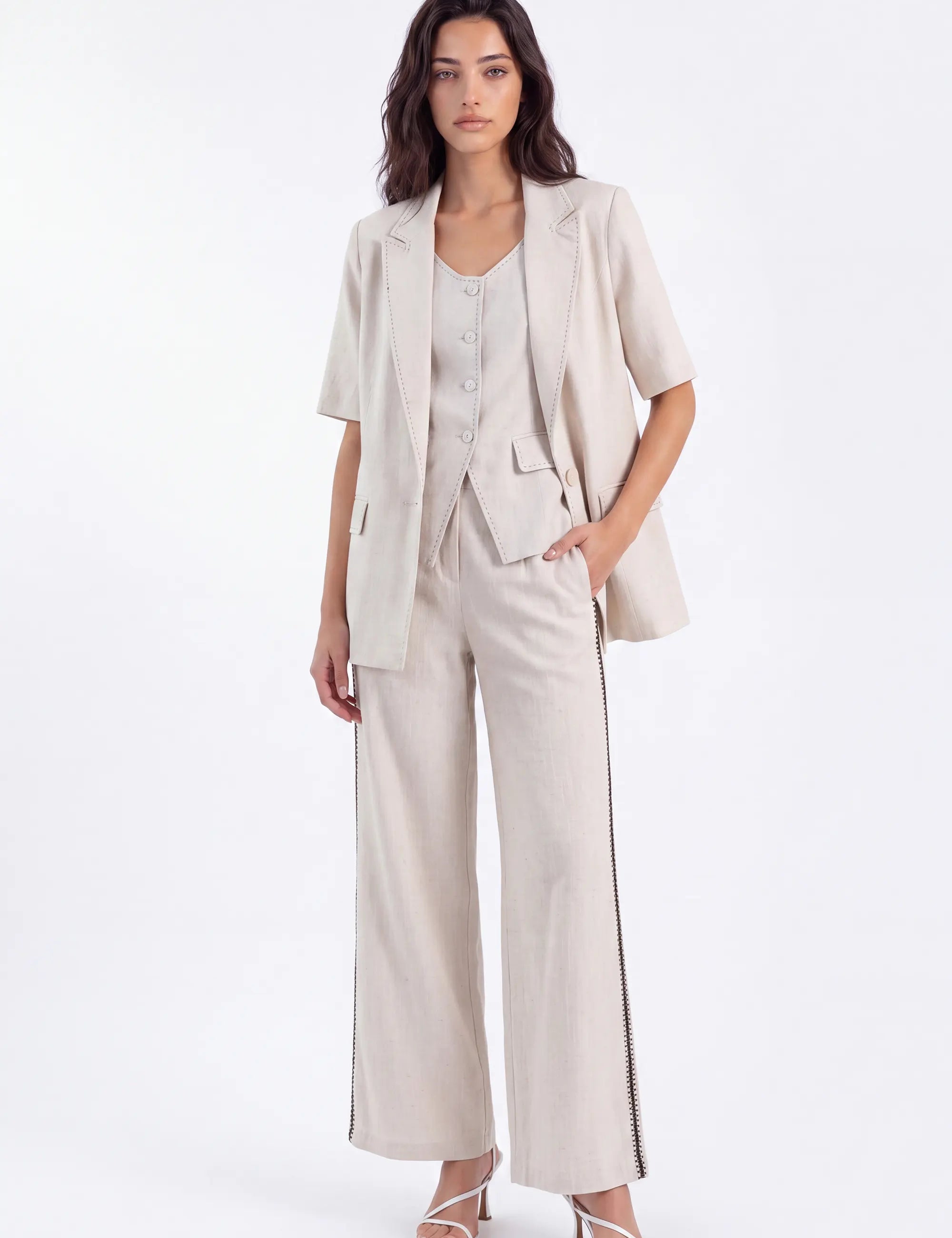 Beige Linen-Blend Short-Sleeve Blazer with Contrast Stitching — Model White Background Front