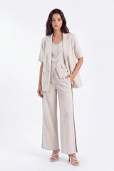Beige Linen-Blend Short-Sleeve Blazer with Contrast Stitching