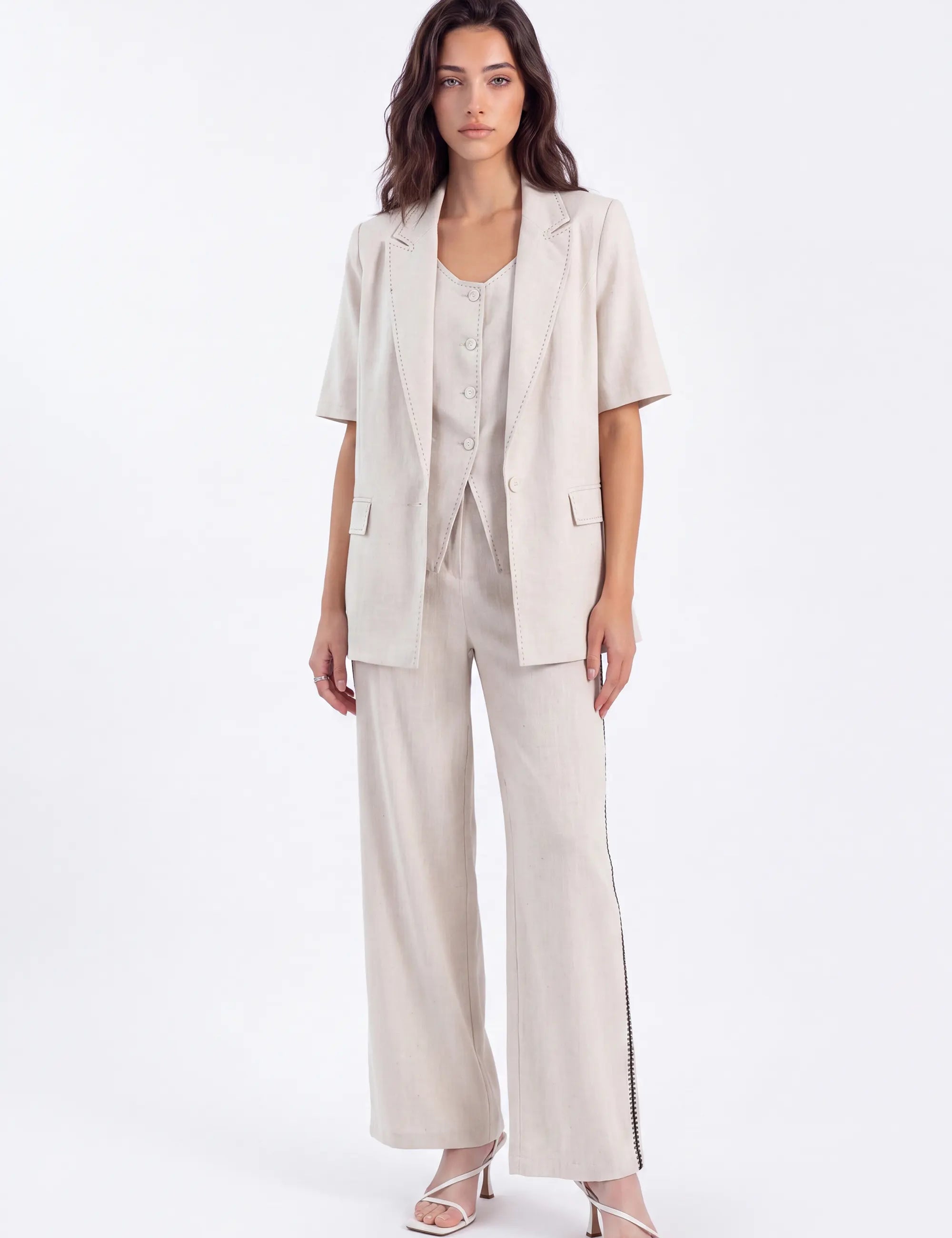 Beige Linen-Blend Short-Sleeve Blazer with Contrast Stitching — Model White Background View 2