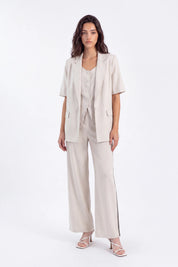 Beige Linen-Blend Short-Sleeve Blazer with Contrast Stitching — Model White Background View 2