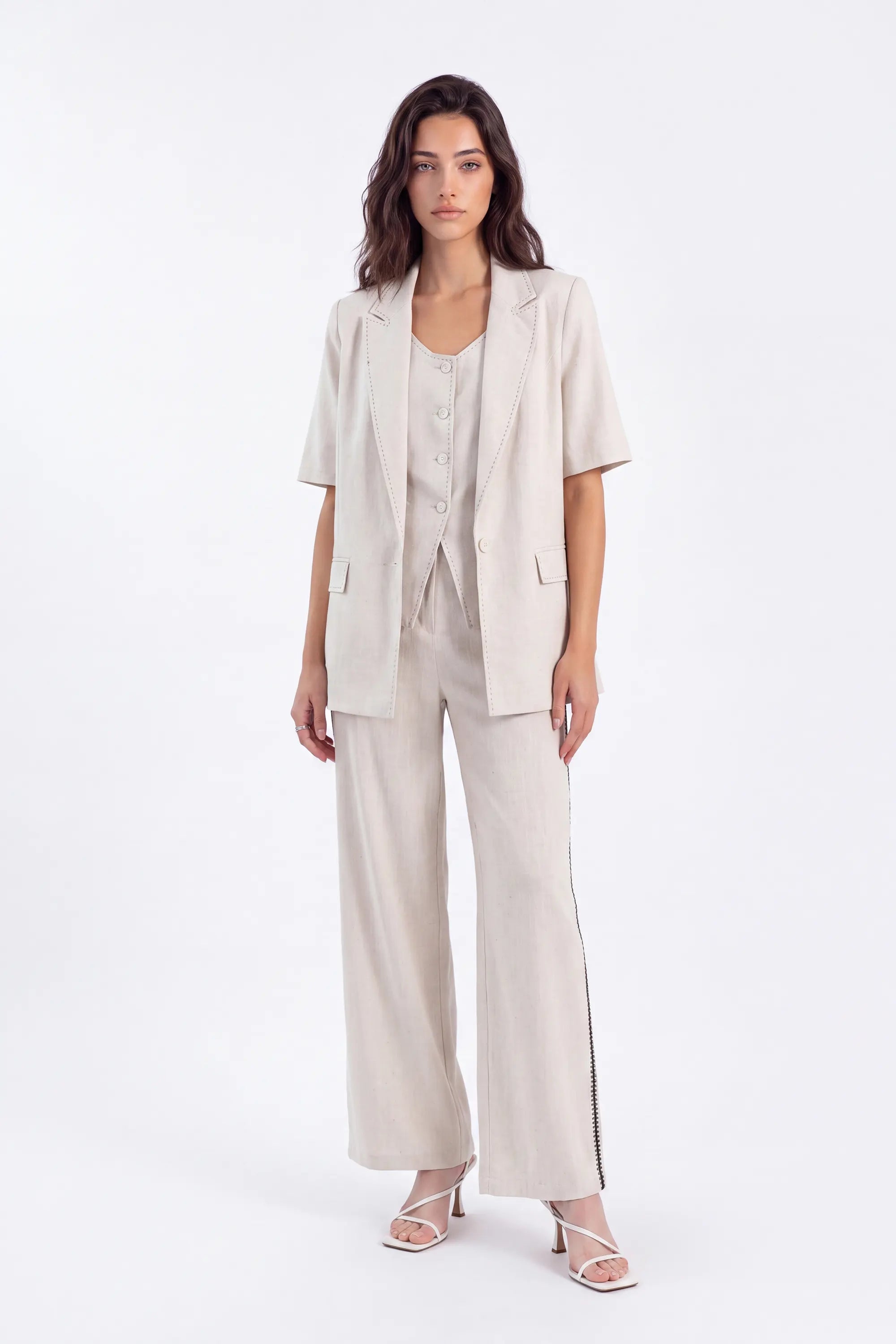 Beige Linen-Blend Short-Sleeve Blazer with Contrast Stitching — Model White Background View 2