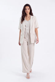 Beige Linen-Blend Short-Sleeve Blazer with Contrast Stitching — Model White Background View 3