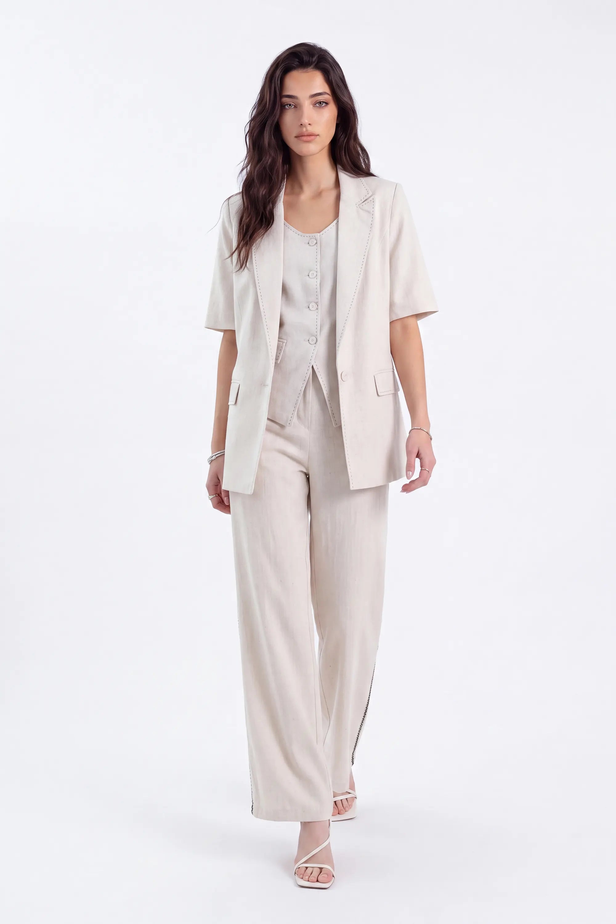 Beige Linen-Blend Short-Sleeve Blazer with Contrast Stitching — Model White Background View 3