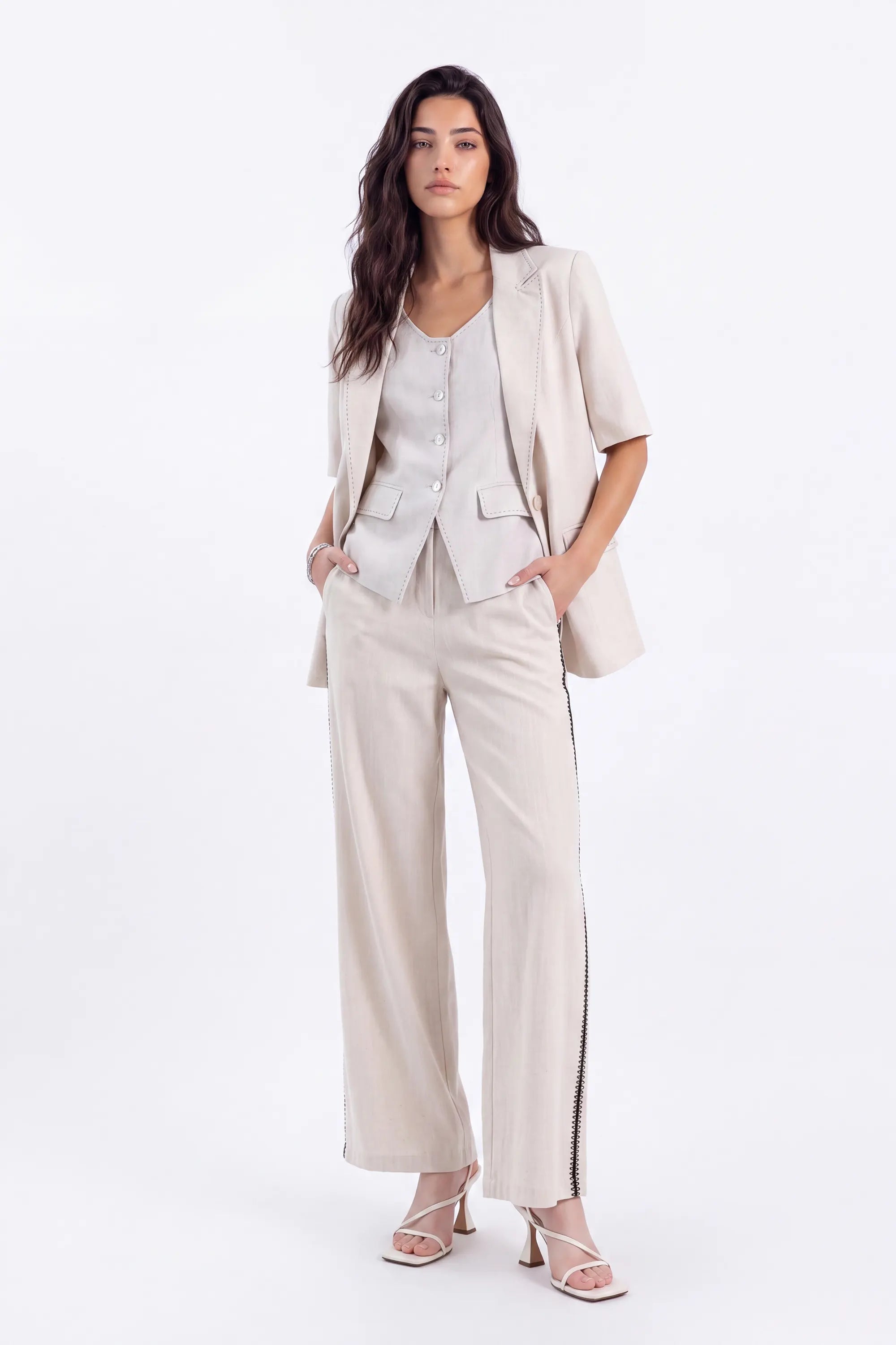 Beige Linen-Blend Short-Sleeve Blazer with Contrast Stitching — Model White Background View 4