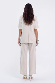 Beige Linen-Blend Short-Sleeve Blazer with Contrast Stitching — Model White Background View 5