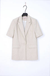 Beige Linen-Blend Short-Sleeve Blazer with Contrast Stitching — Product Only Front
