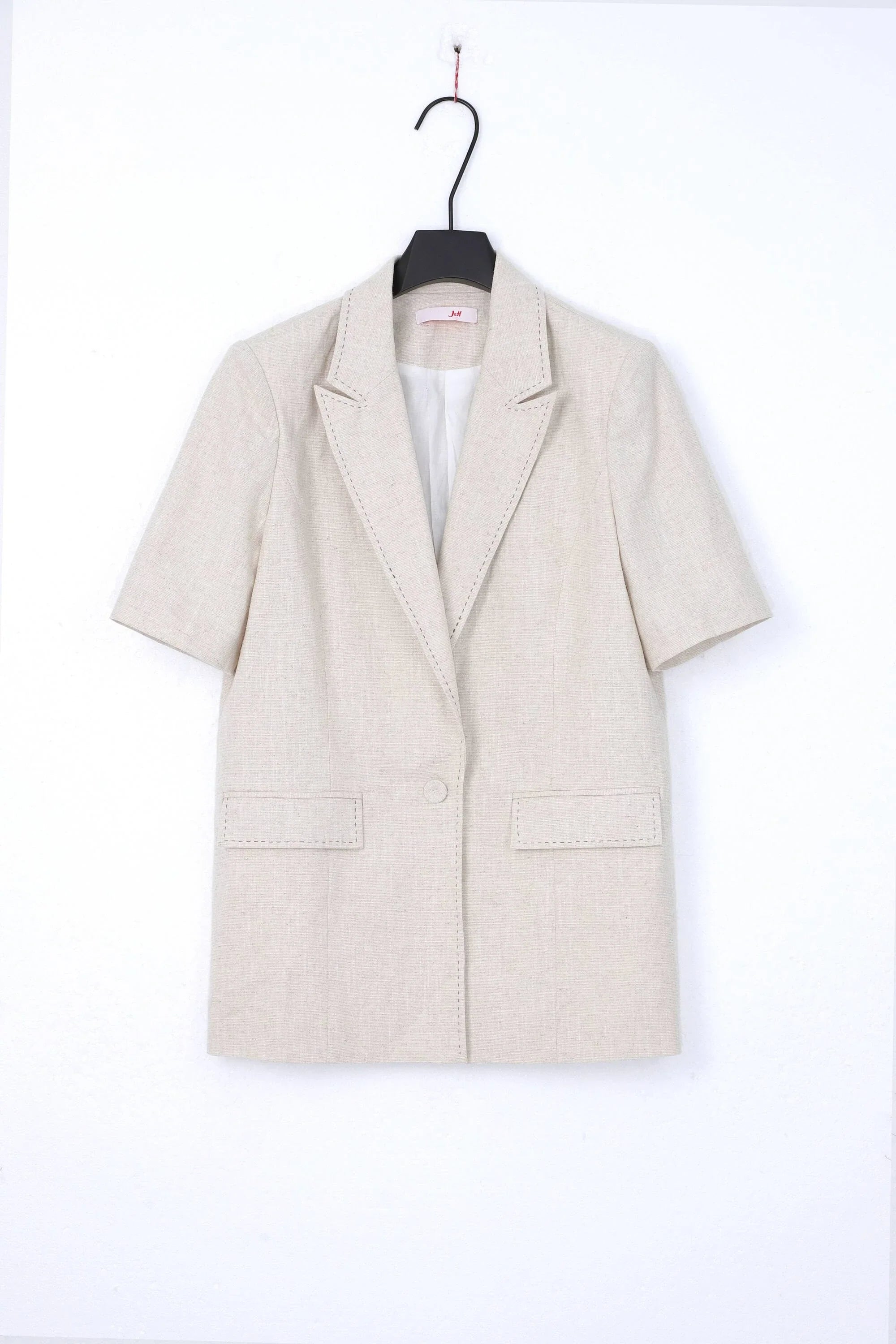 Beige Linen-Blend Short-Sleeve Blazer with Contrast Stitching — Product Only Front